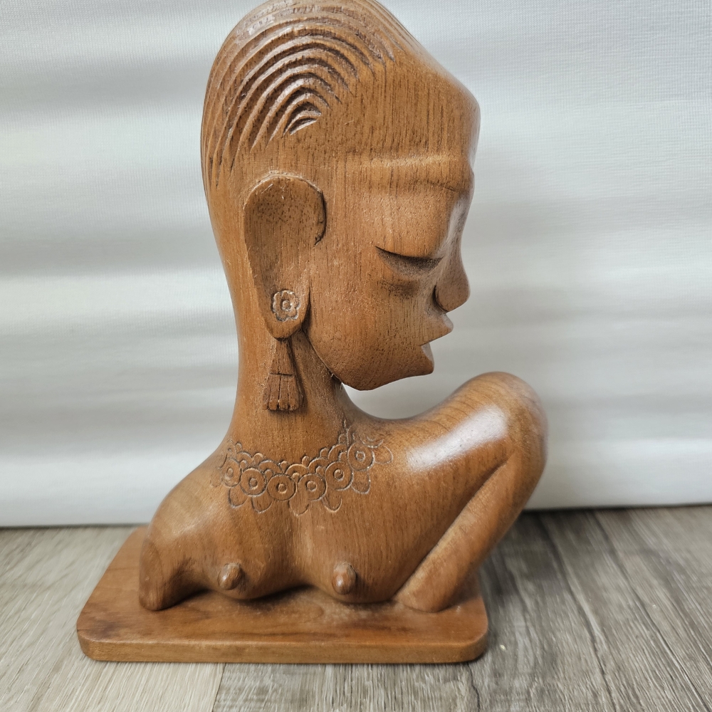 Hand-Carved Wooden Female Bust Sculpture - Brown